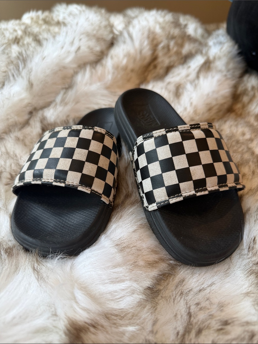 Vans Black & White Checkerboard Slide Sandals - Kids